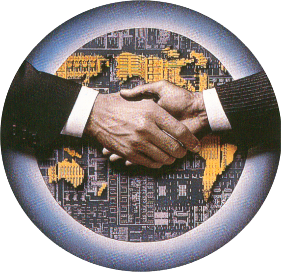 Business handshake over a circuit-board world map